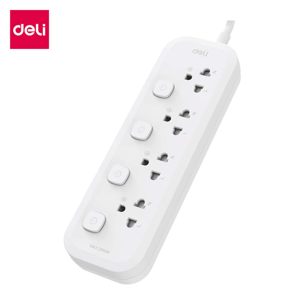 รางปลั๊กไฟ 4ช่อง 3M 4สวิตซ์ Deli CT489-GR-01 สีเทาอ่อน